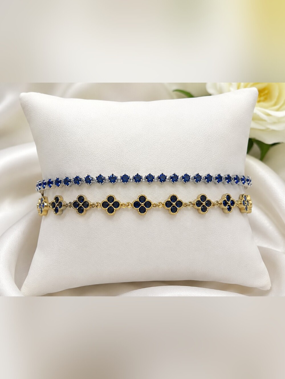 Blue Crystal Bracelet Bundle | Silver Tennis & Gold Clover | Brand New